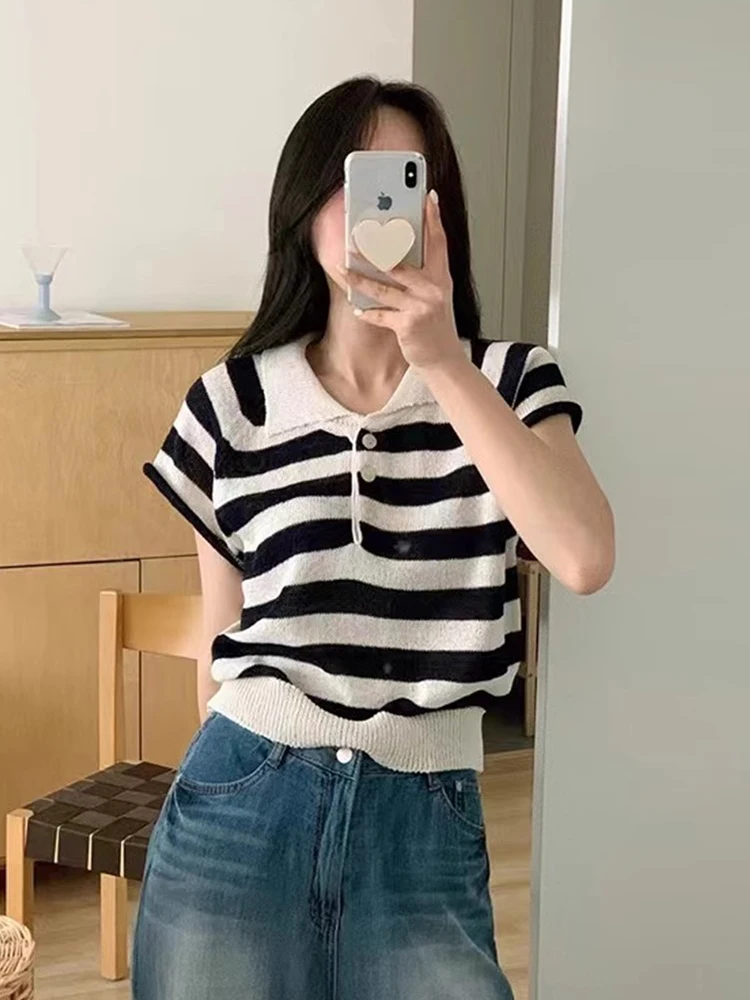 Korean Chic Summer Retro Simple Style Tops Lapel Loose All-match Pullovers Soft Waxy Short-sleeved T-shirt Striped Sweater Women