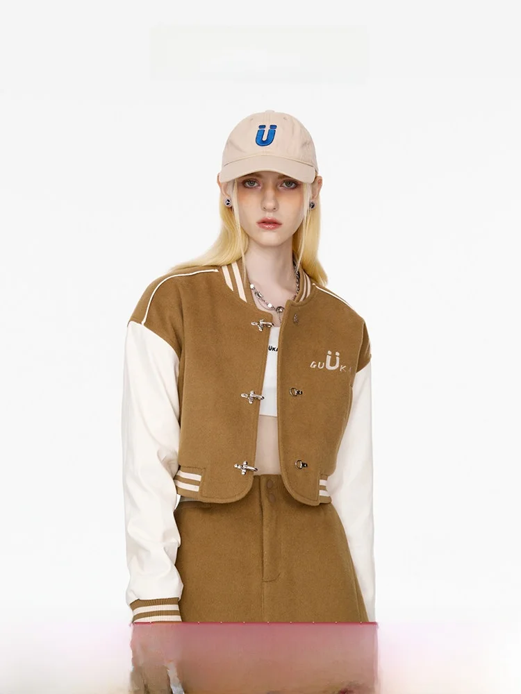 Thickened PU Leather Short Baseball Jacket for Women Kaki Color Retro American Style Slim Fit Coat Sweet Style Straight Tube