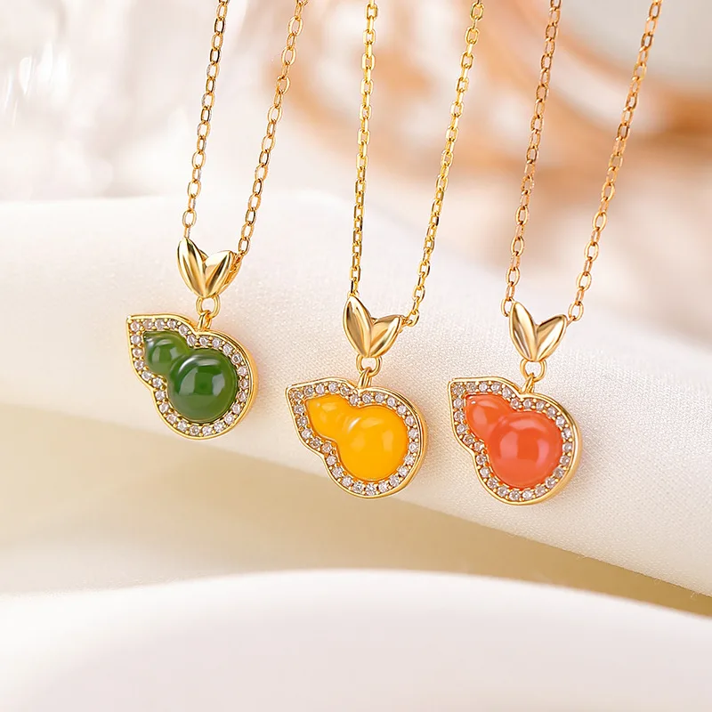 

Hetian Jade Jasper S925 Sterling Silver Red Amber Enamel Coin Gourd Leaf Pendant