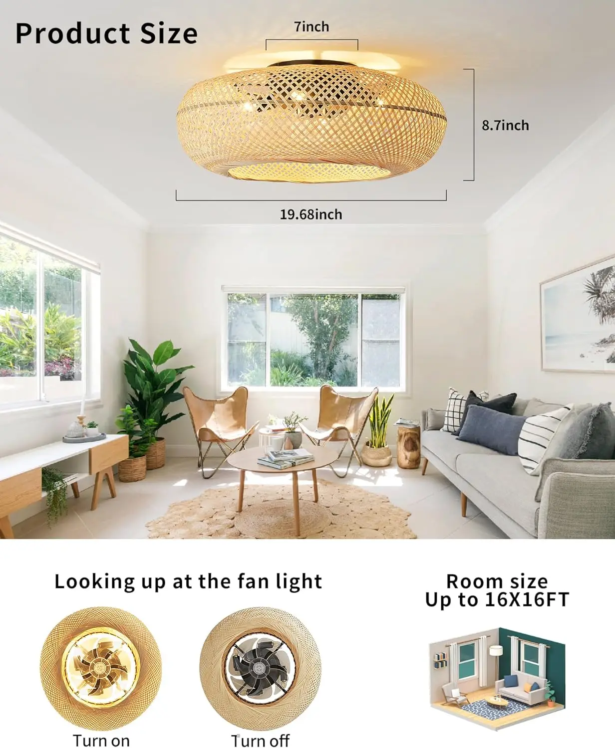 ventilador techoUSA In Stock E27 22 Inch 7 ABS Blade Ceiling Fan Noiseless Ceiling Fan Wicker Lampshade With Lights And Remote C