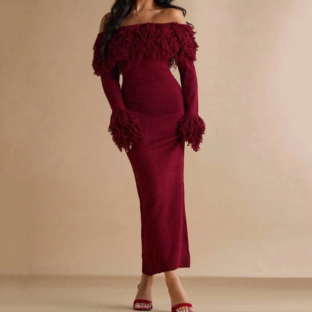 맞춤형 스트레이트 이브닝 드레스 티 길이 오프숄더 긴 소매 프롬 가운 심플 패션 백리스 캐주얼 파티 가운