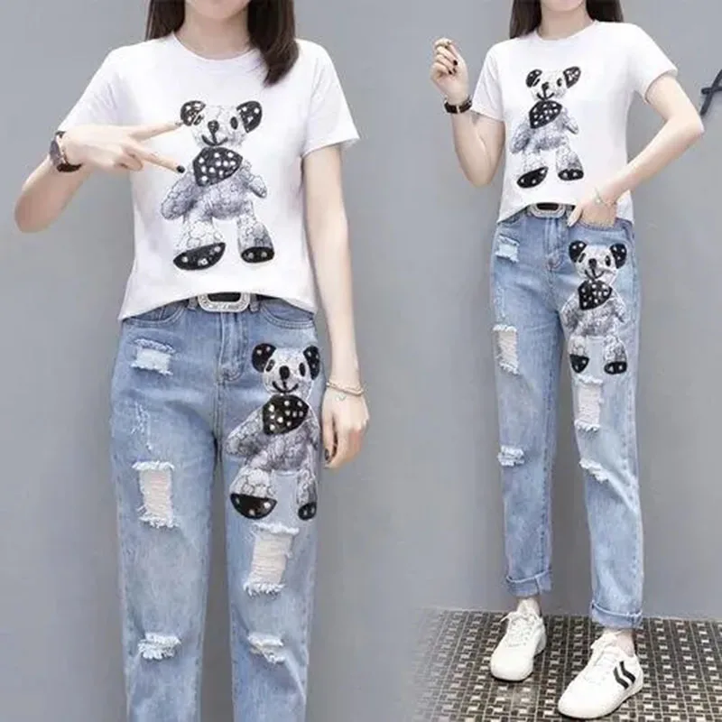 

Ladies New Suit Spring And Summer Two-Piece Cartoon T-Shirt Top+nine-Point Jeans Women's Casual And Comfortable Two-Piece Suit