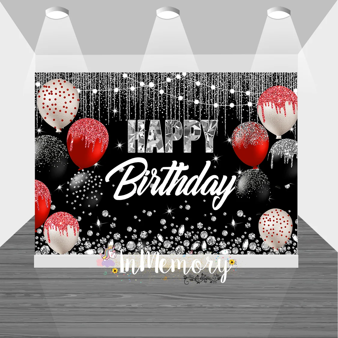 

Black Wall Red Silver Balloons Photography Background Happy Birthday Backdrop for Photo Studio Photobooth Vinyl
