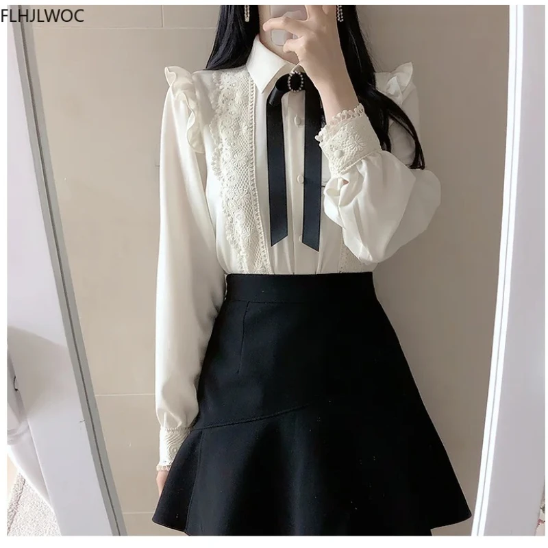 Ropa de Trabajo básica de oficina para mujer, camisa con volantes, botones de un solo pecho, cuello Peter Pan, color blanco, otoño y primavera