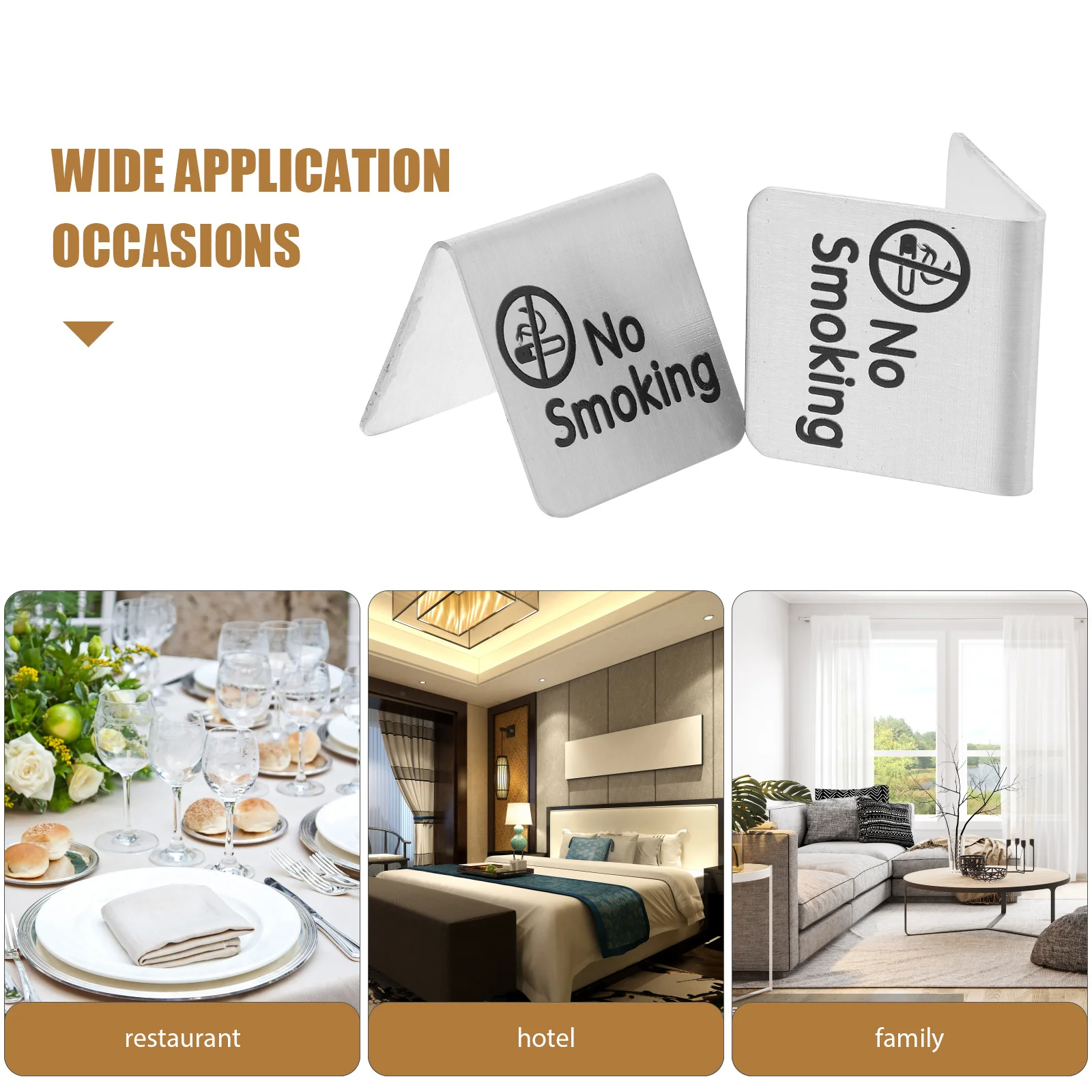 2Pcs Stainless Steel No Smoking Table Sign Double Sided Reserved Non Smoking Desk Logo for Cafe Mall Hospital Dining