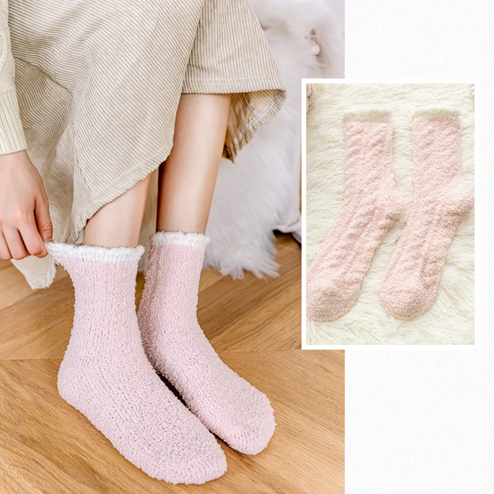 1Pair Women Winter Warm Fluffy Fuzzy Socks Sleep Mid-Tube Soft Cosy Thermal Thick Home Floor House Socks Kawaii Snow Sock