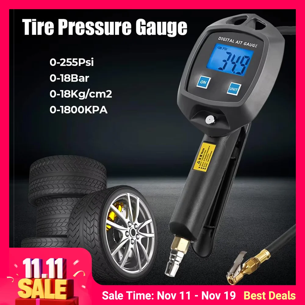 Profesjonalny miernik ciśnienia w oponach 0-18Kg/cm² i 0-1800KPA, precyzyjny pistolet do pompowania z wężem i dyszami do samochodów/motocykli.