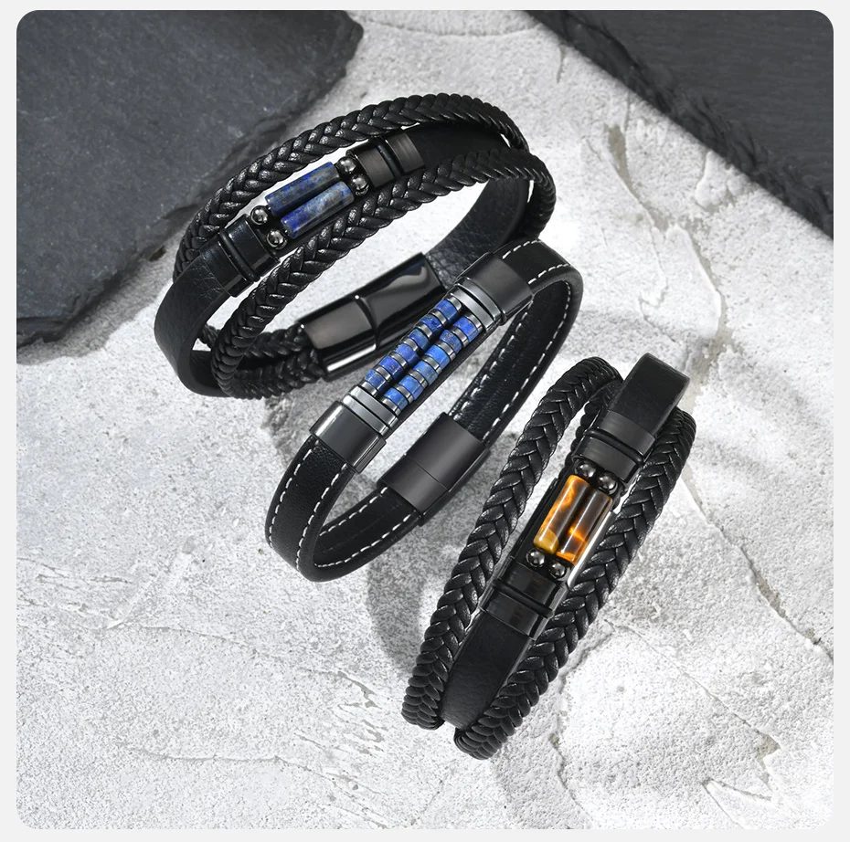 Vnox Herren-Lederarmband, Naturstein, Perlen, geflochten, mehrschichtig, Armband mit Magnetverschluss, Punk-Schmuck, Geschenk für Vater, Sohn, Ihn – Detail 6
