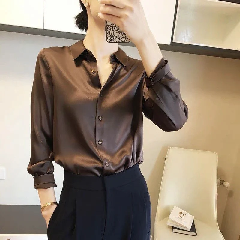 

Women Elegant Chiffon Shirt Luxury Design Button Up Blouse Fall Korean Vintage Office Lady Solid Satin Silk Lapel Trend Top