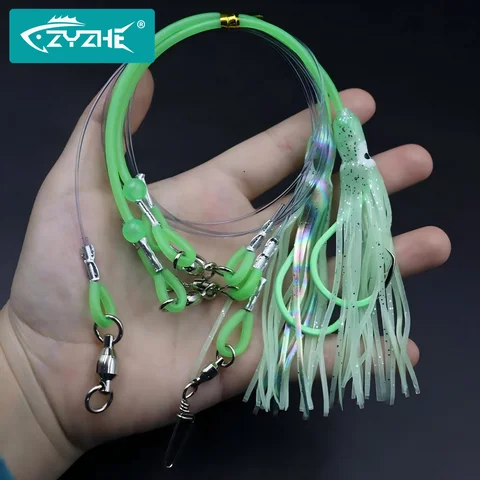 ZYZHE 1pc Deep Drop Rigs Sea Fishing Bait Rigs with Luminous Circle Hook Soft Octopus Lure Saltwater Boat Fishing Rigs