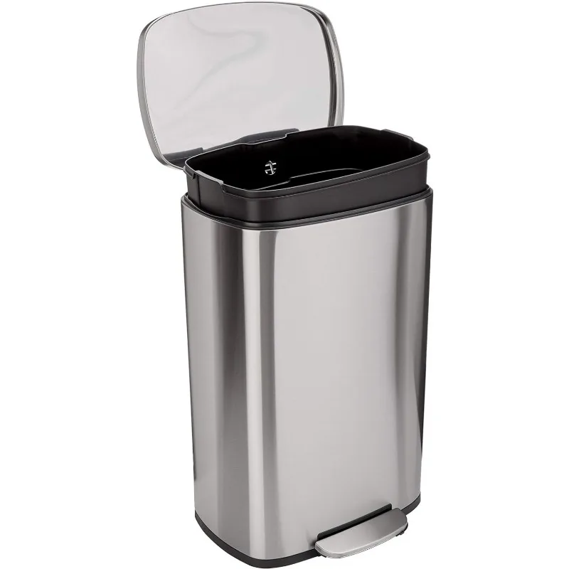 

Smudge Resistant Rectangular Trash Can With Soft-Close Foot Pedal, Brushed Stainless Steel, 50 Liter/13.2 Gallon, Satin Nickel