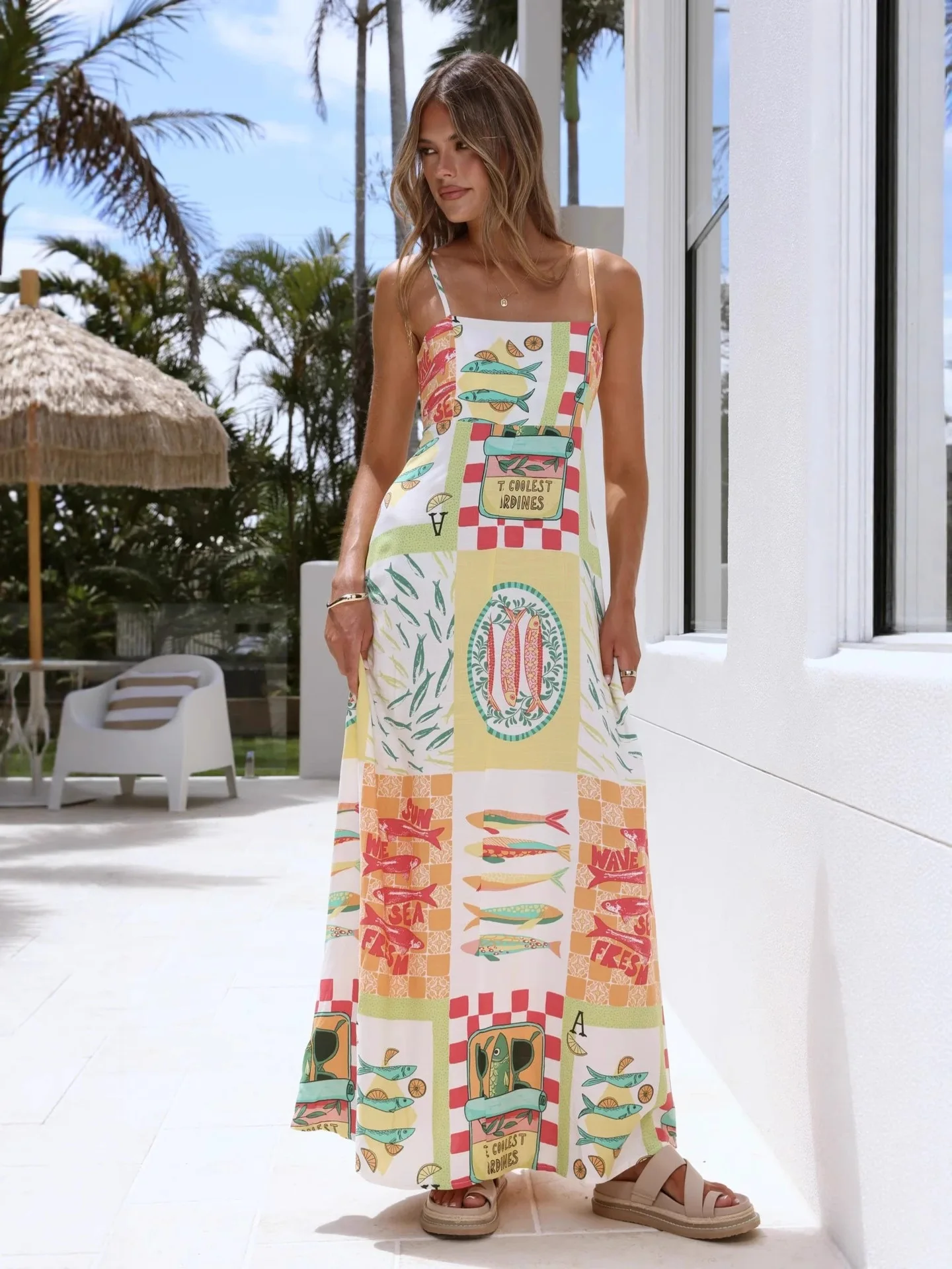Casual Printed Sleeveless Dress Fashionable Holiday Leisure Print Strapless Gown Women's Loose Waist Polyester Material