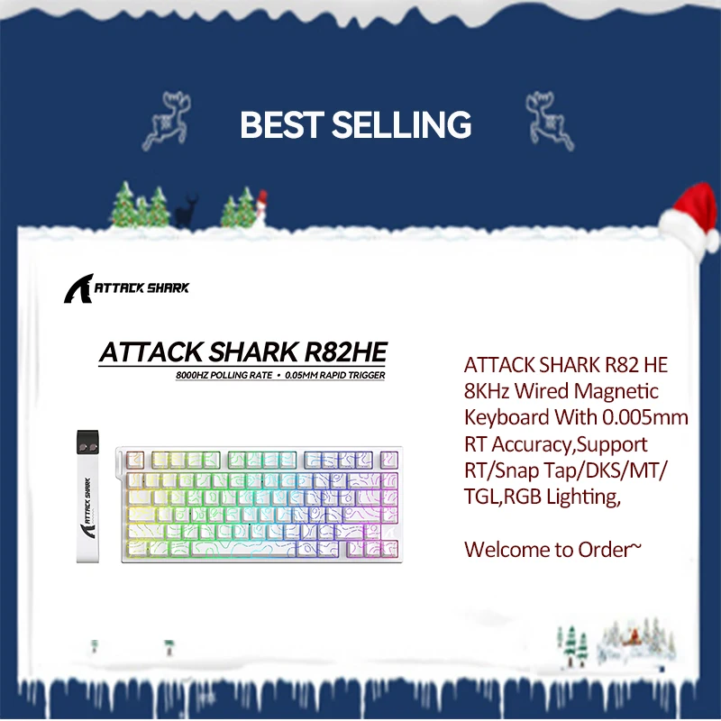 

Проводная магнитная клавиатура ATTACK SHARK R82 HE 8 кГц с точностью RT 0,005 мм, поддержкой RT/защелкивающегося крана/DKS/MT/TGL, RGB-подсветка,