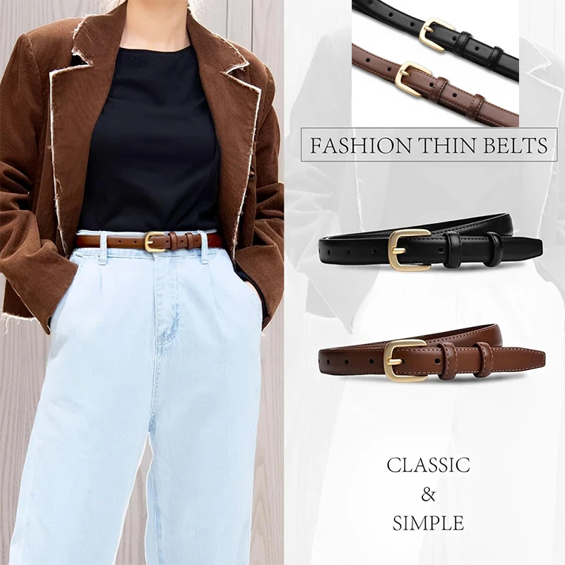 Ladies with Leather Belt, High-end Feeling, Soft and Fashionable, Versatile Leather Buckle, Thin Waistband, Decorative Jeans