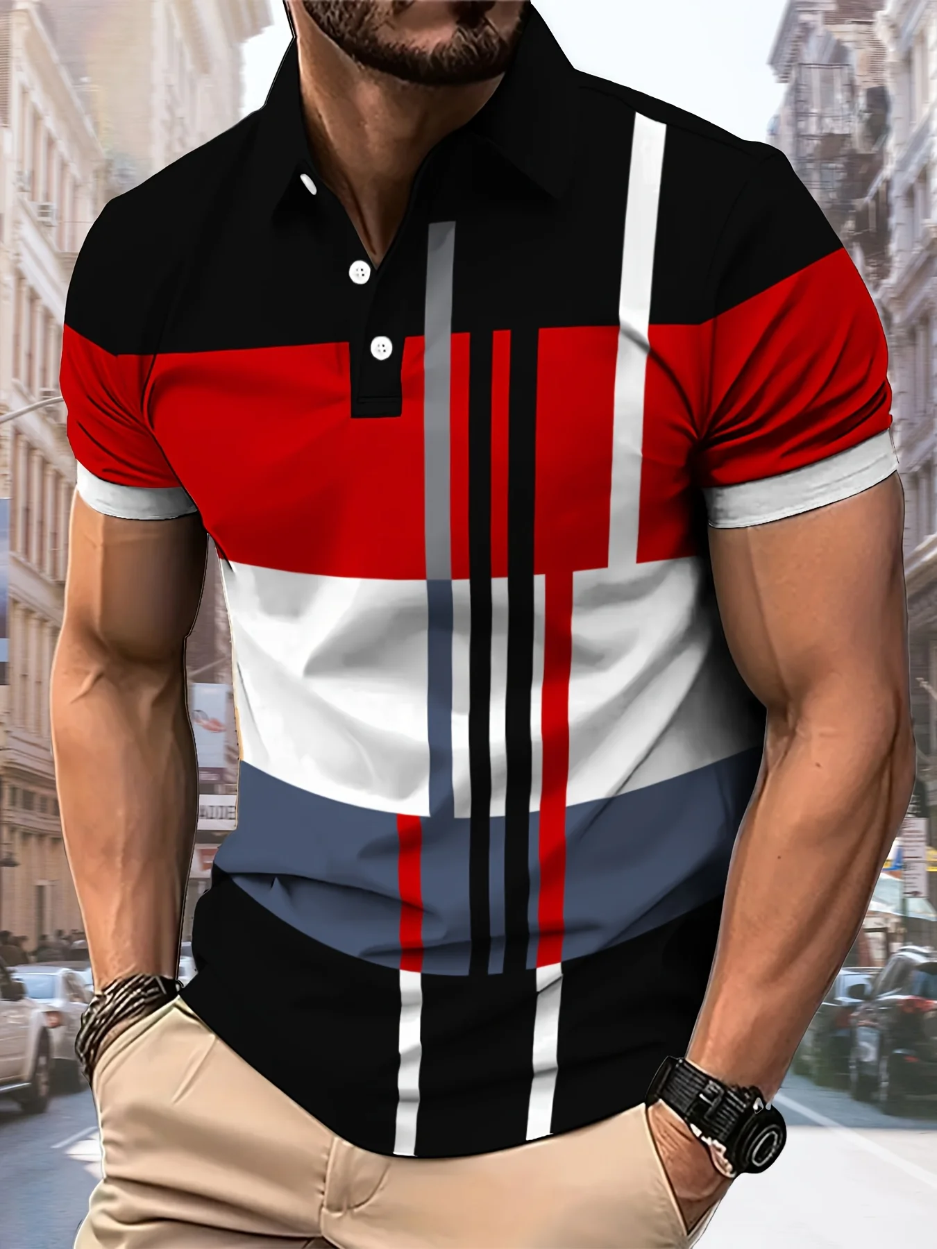 2026 Summer New Style Men's Short-Sleeved Polo Shirt With 3D Stripes Pattern Print  Street Casual Fashion Comfortable And Soft