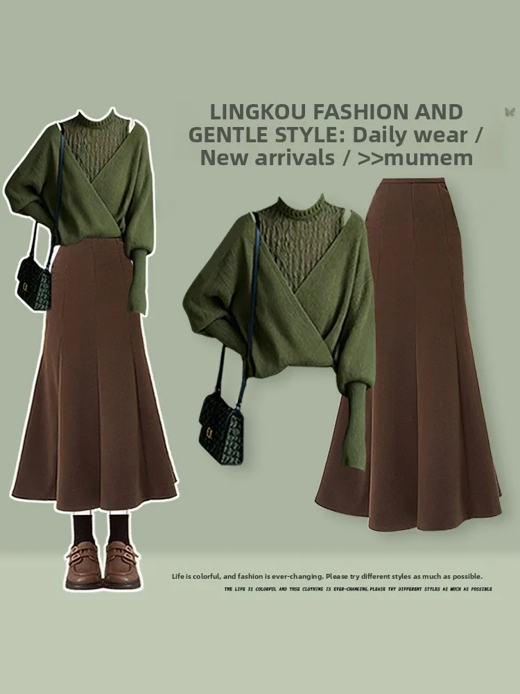 

Faionable Knitted Two-Piece Set High Waist Slimming Fi Tail Skirt V-Ne Long Sve Casual Sle for Women Autumn Winter