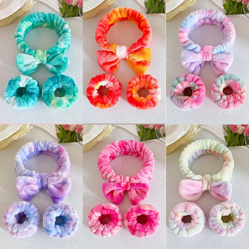 

3Pcs Tie-dye Face Wash Absorbent Wristband Headband Hair Accessories Set Women Girls Flannel Hair Bands Cuff Waterproof Bands