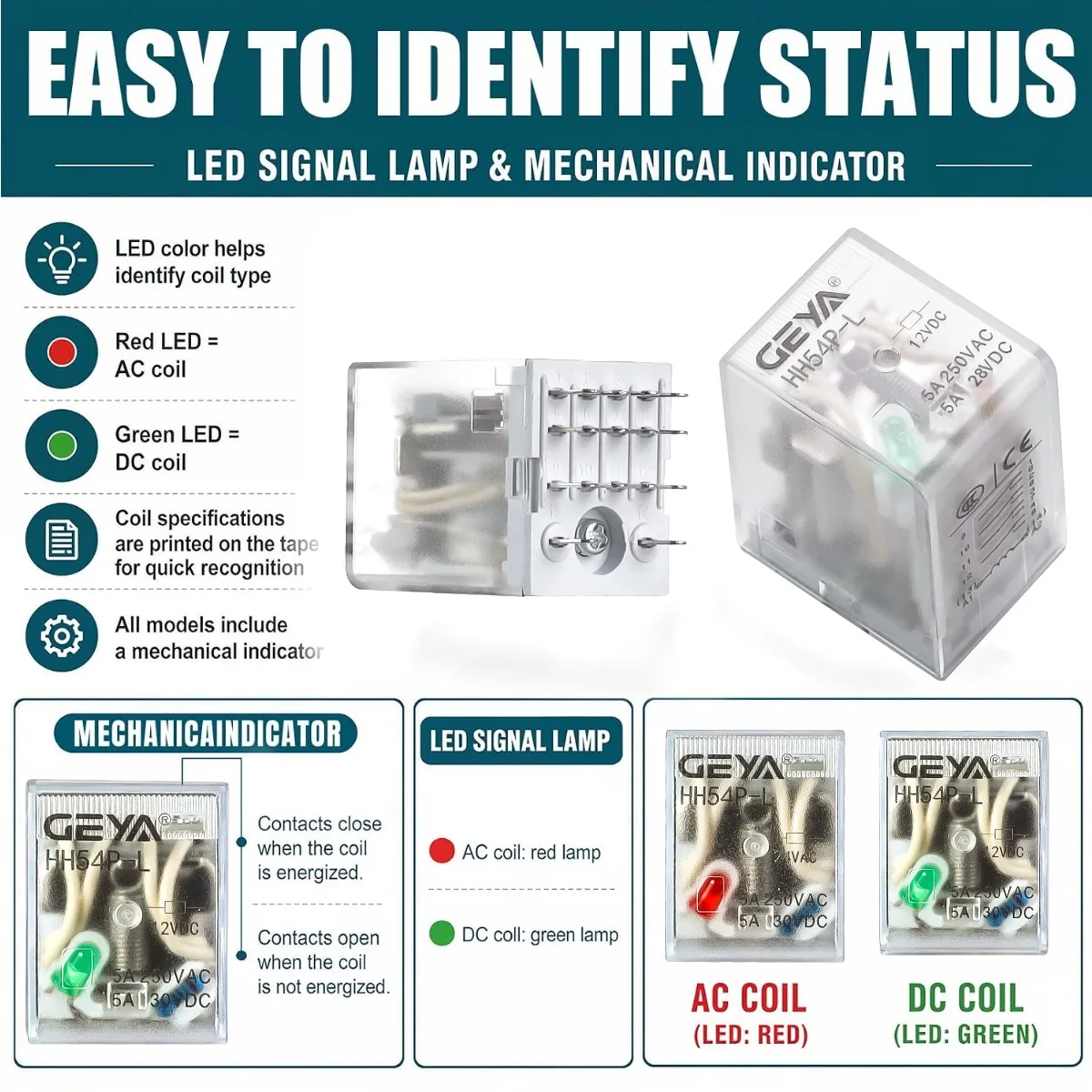 GEYA 14-Pin Electromagnetic Power Relay HH54P AC/DC 12V 24V 220V 1PCS Mini Relay Intermediate Electromagnetic Relay DIN Rail