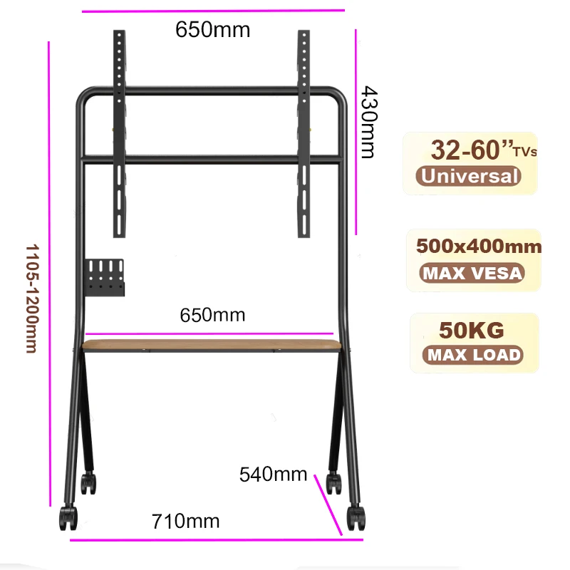 BEISHI Mobile Rolling TV Stand พร้อมชั้นวางไม้, ง่ายต่อการประกอบ Roller TV Cart สําหรับทีวี 32-60 นิ้วสําหรับห้องนั่งเล่นกลางแจ้ง