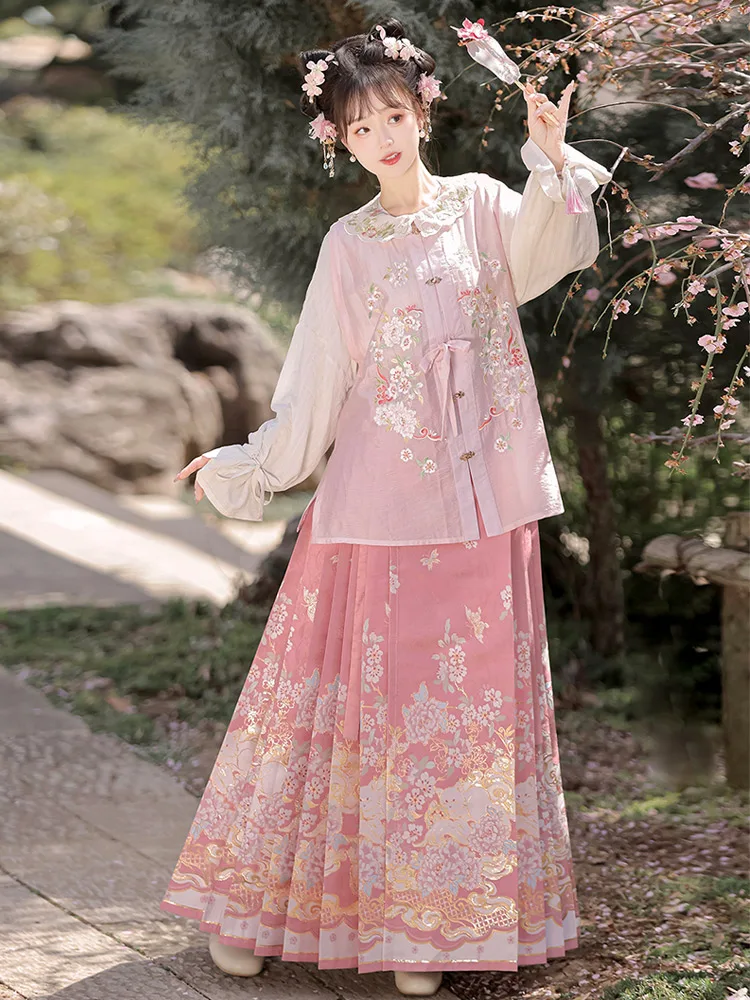 Cinese hanfu pink Ming Dynasty Hanfu 2024 Summer New Pink Horse Face gonna Set nuovo abbigliamento donna cinese