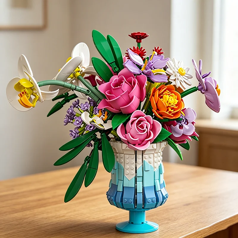

956PCS Everlasting Flower Bouquet Building Blocks Rose Daisy Lily Vase Model Home Decoration Ornament Girls DIY Toy Gift