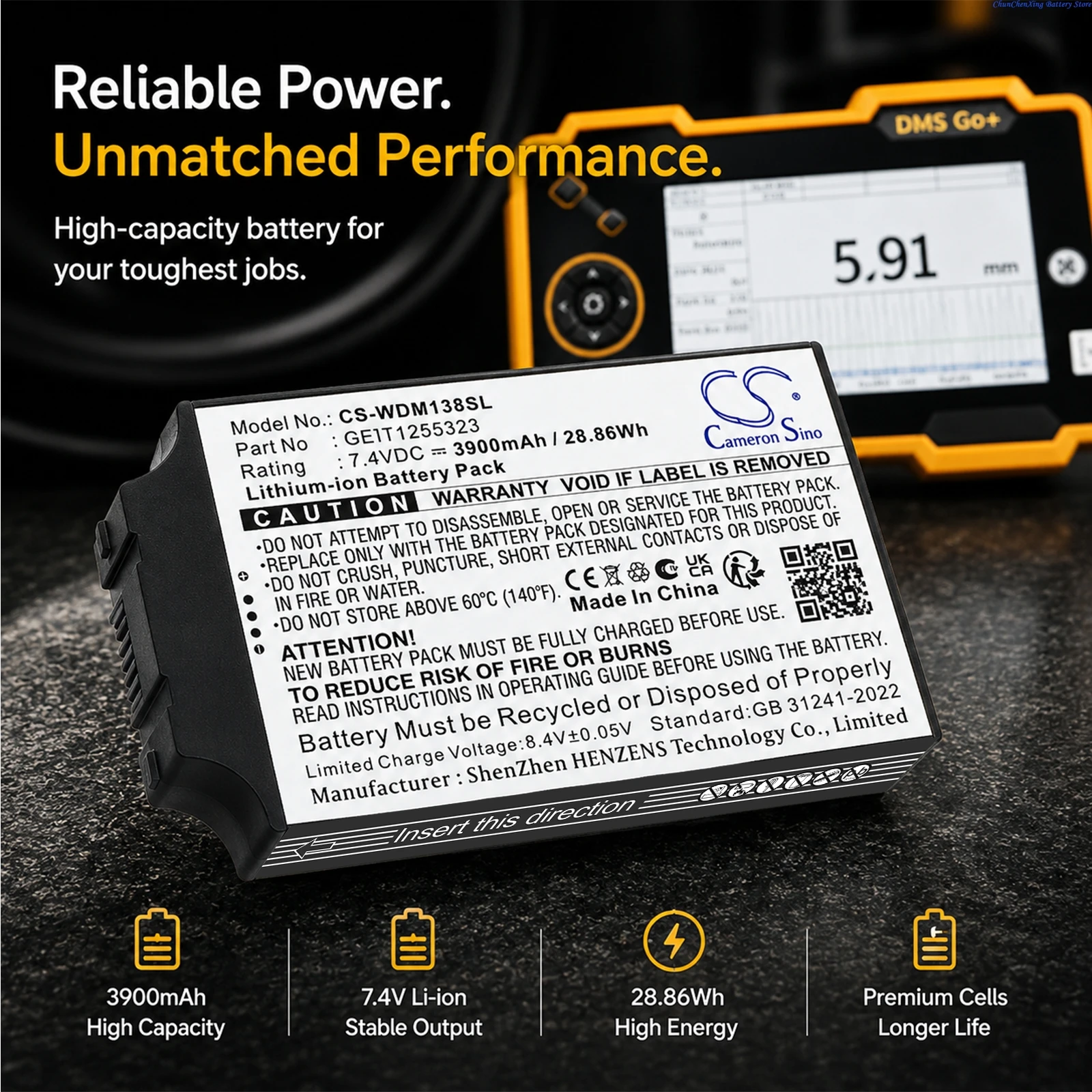 Cameron Sino 7.4V 3900mAh Replacement Battery GEIT1255323 GEIT1480180C for GE DMS Go+, USM86, USM GO, USM Go+, USM87, USM88
