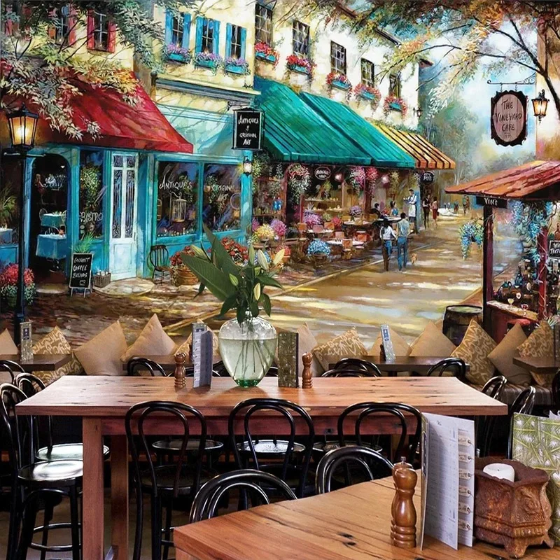 Custom 3D Wallpaper Retro Hand-painted European Style Street Corner Building Restaurant Cafe Mural Background Wall Decor Fresco
