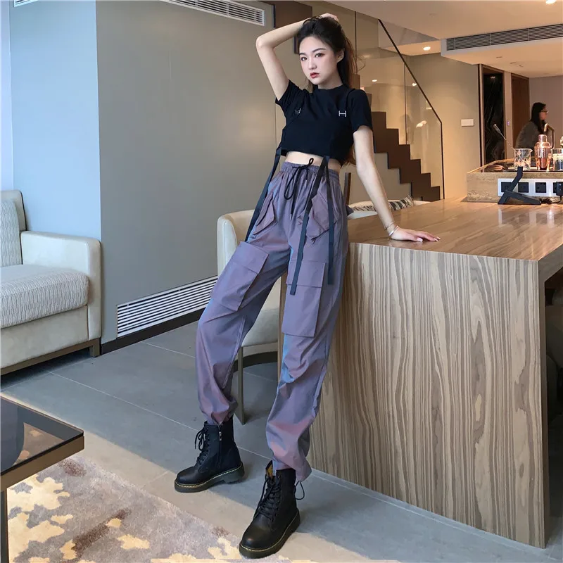 

Fashion Women Gradient Elastic High Waist Cargo Pants 2023 Spring Autum Street Solid Female Causal Long Trousers