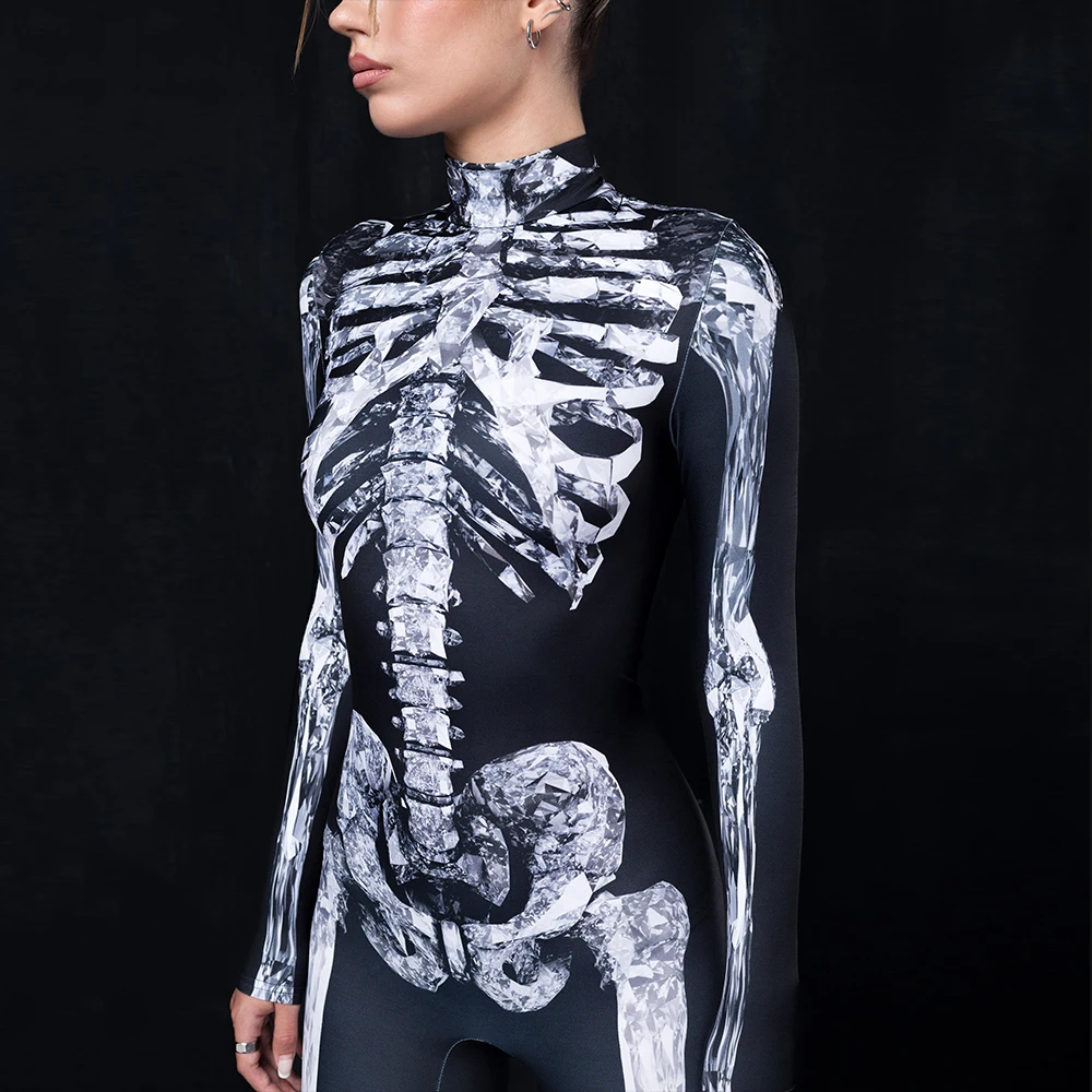 Halloween Black Skull Print Bodysuit Funny Character Holiday Party Jumpsuit Carnival Zentai Skinny Leotard Cosplay Costume