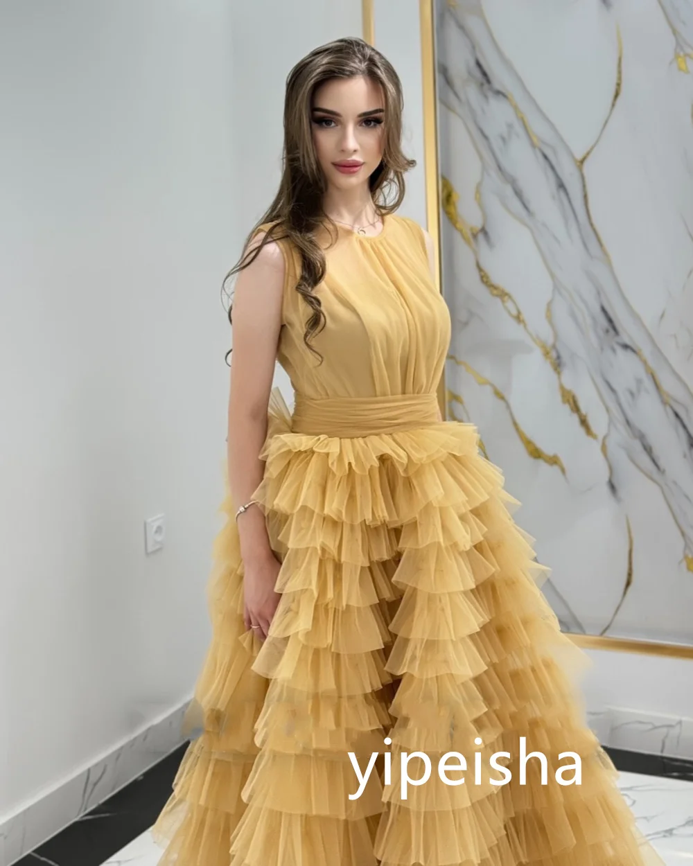 Customized Exquisite Net Pleat A-line O-Neck Long Dresses  Prom Dresses Modern Style Pastrol Unisex Chinese Style Formal Casual 