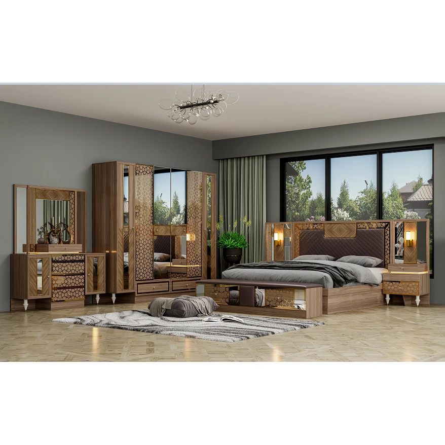 Classic Wood Frame Bedroom Set King Bed Double Modern Luxury