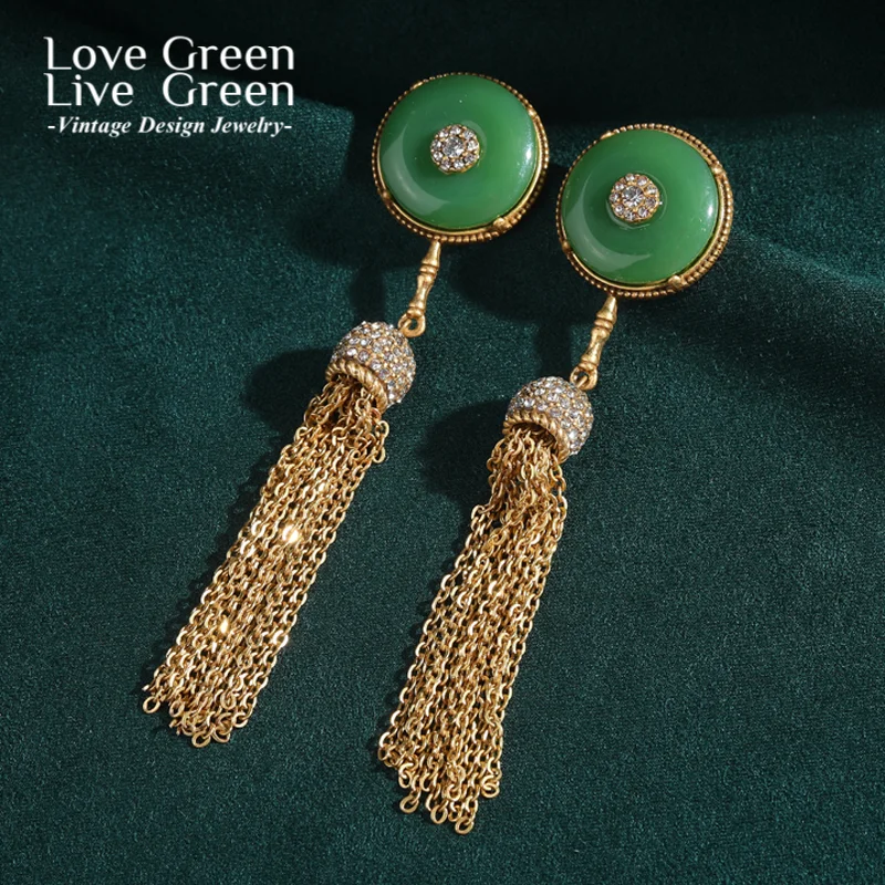 

﻿ Vintage Long Green Earrings Jade Gold Color Chain Tassel Woman Retro Antique Elegant Luxury Designer Daily Formal 2025