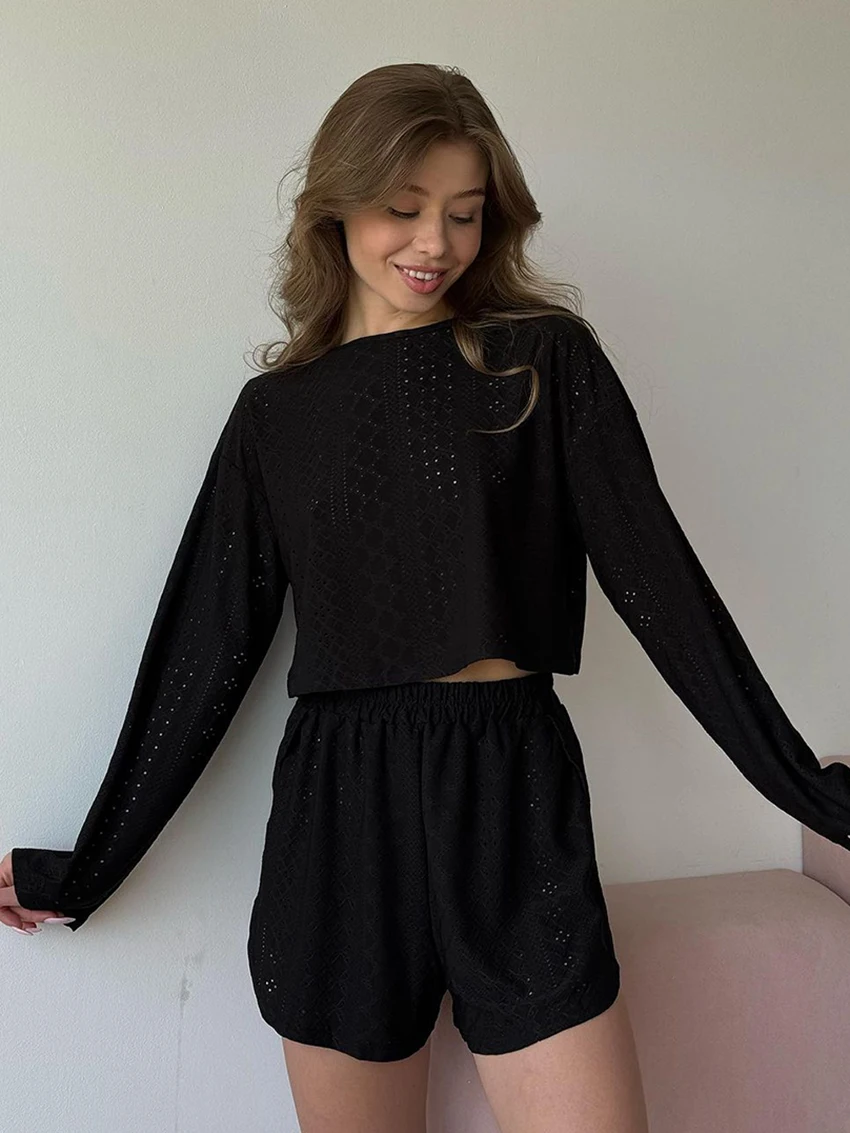 Marthaqiqi Casual Women'S Nightwear Suit O-Neck Sleepwear Long Sleeve Pajamas Sexy Crop Top Nightie Shorts Ladies Nightgowns Set