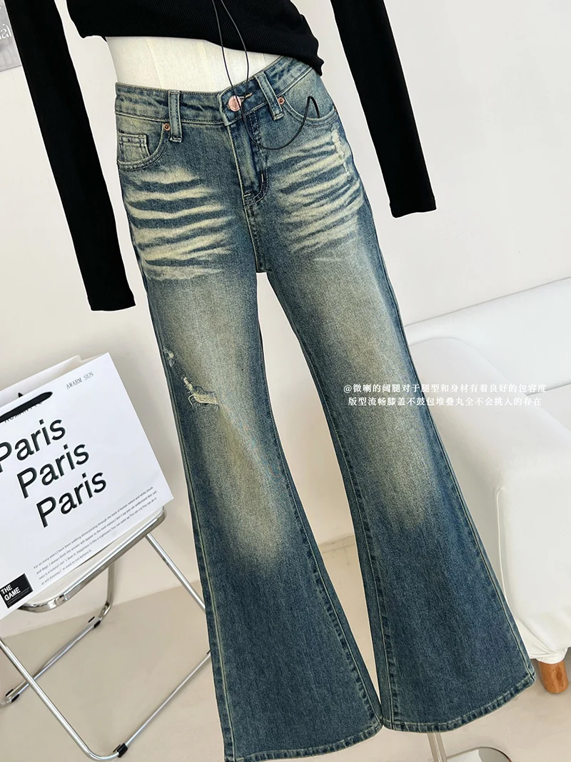 Primavera verão feminino angustiado rasgado alargamento jeans senhora streetwear cintura alta bota magra corte calças de brim comprimento total