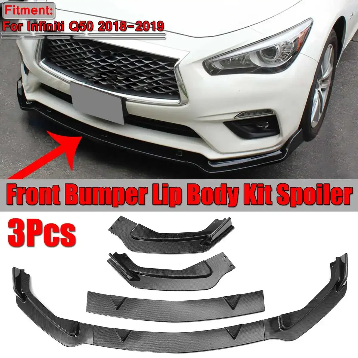 

Carbon Fiber Look/Black Car Front Bumper Lip Body Kit Spoiler Bumper Splitter Diffuser For Infiniti Q50 Base Model 2018 2019