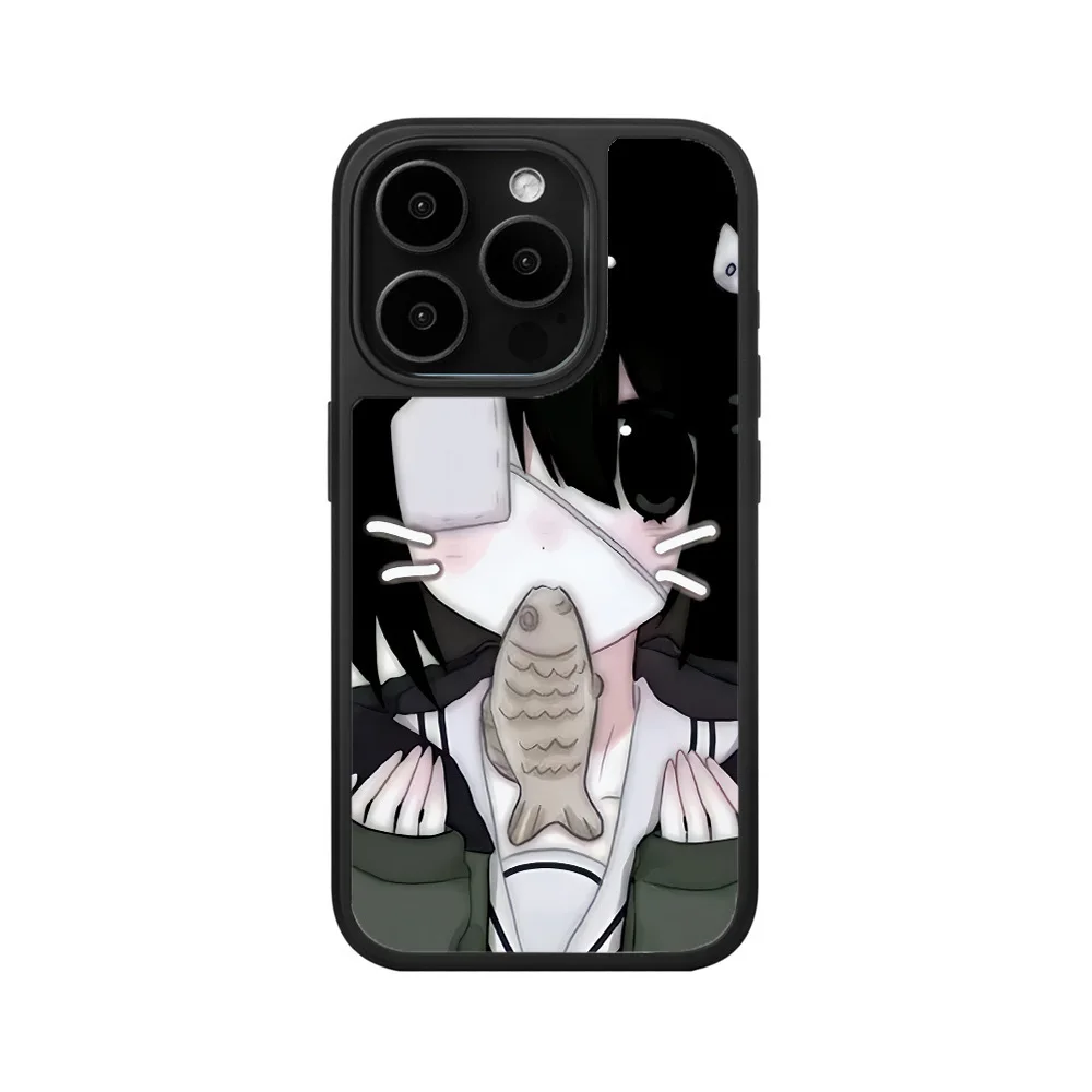 

Anime Fish Eating Girl Illustration Black Box Phone Case for IPHONE 16PRO MAX 14 13 12 11 PRO 16 Plus Acrylic Mobile Phone Cases