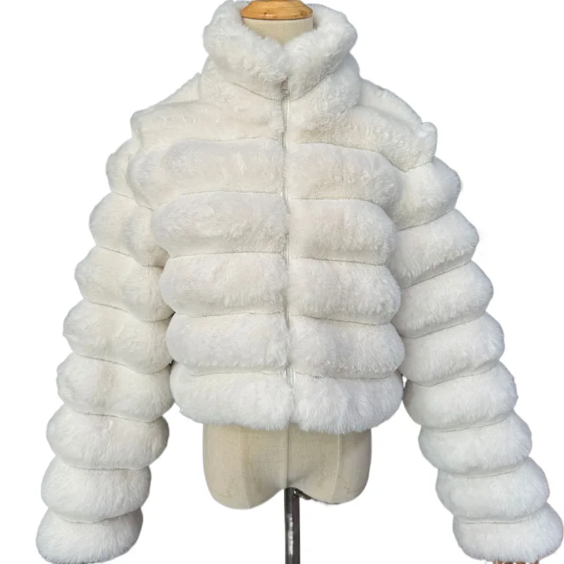 

Short Stripes Faux Fur Jacket Casual Zipper Loose Plush Coat Women's Zip-up Furry Jackets Winter Long Sleeves Fluffy Outerwears