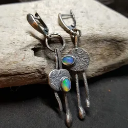 Female Dangle Earring Vintage Tribe Ethnic Hand Carving Asymmetry Metal Inlay Colorful Opal Stone Earrings For Womens Jewelry