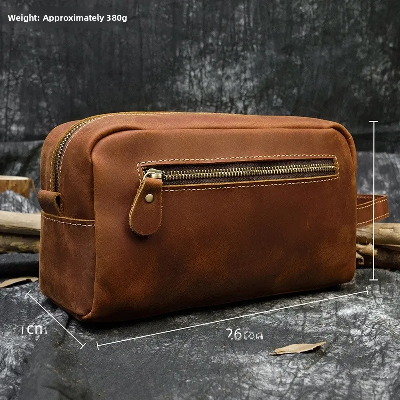 Casual Leather Handbag for Men And Women Cowhide Crazy  Leather Makeup Bag Travel Storage Fashionable Genuine Leather