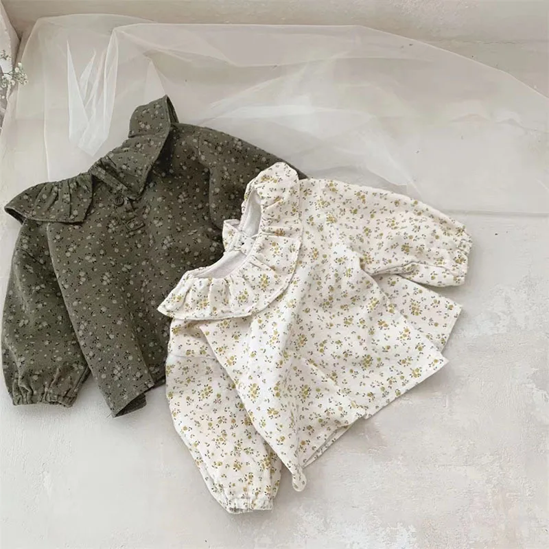 2024 Floral Baby Girl Shirt Spring Autumn Ruffle Collar Cute Newborn Girls Top Children Long Sleeve Clothing Cute Flower Tops