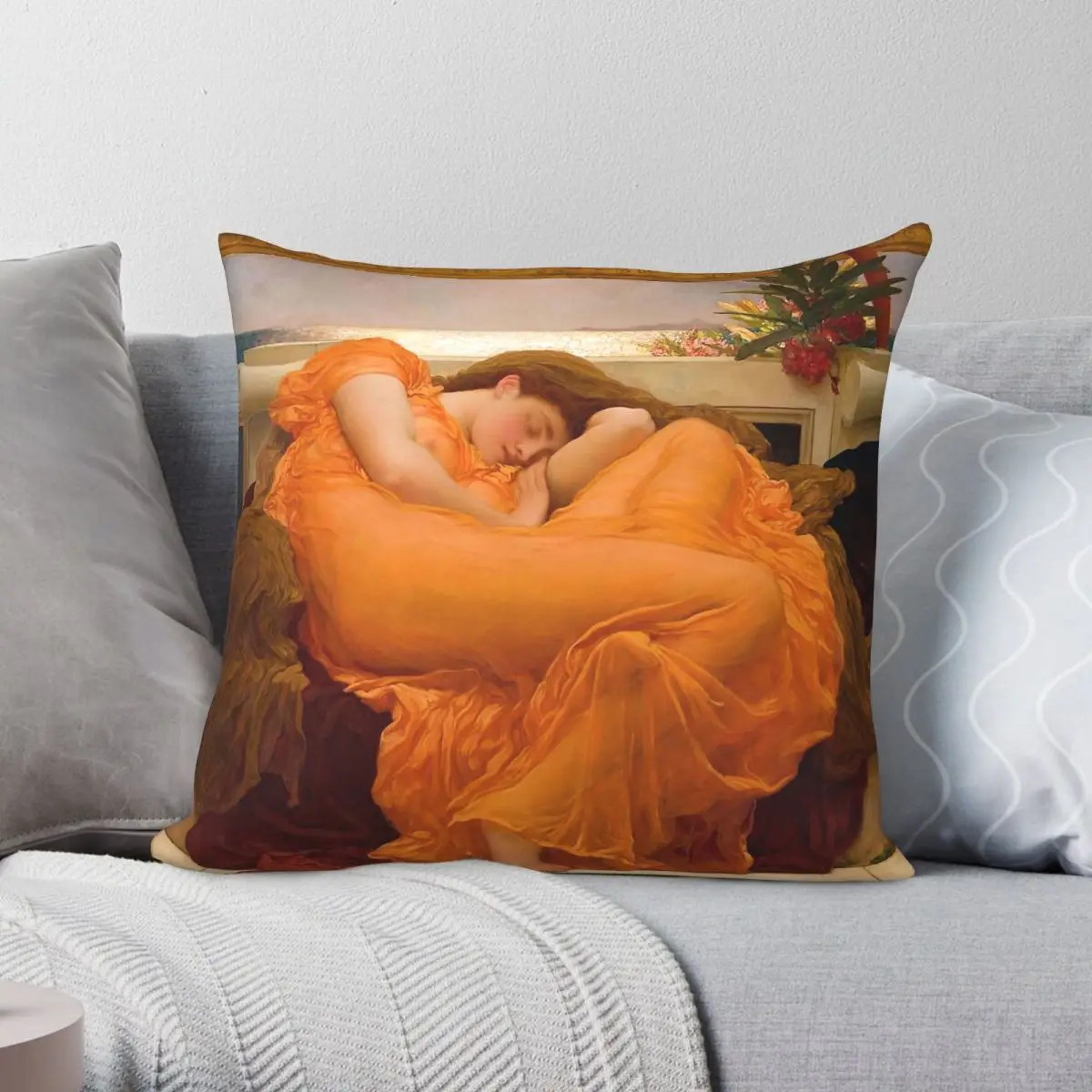 Flaming June Frederic Leighton Square Pillowcase Polyester Linen Velvet Pattern Zip Decor Pillow Case Bed Cushion Cover