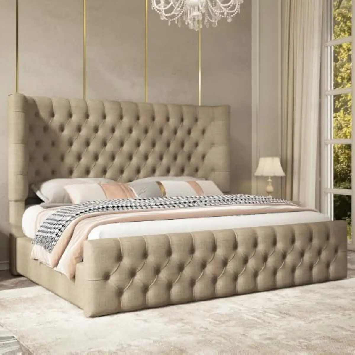 King Size Upholstered Sleigh Bed Frame with Curved Wingback Headboard and Footboard in Khaki Linen Fabric Featuring Deep Button