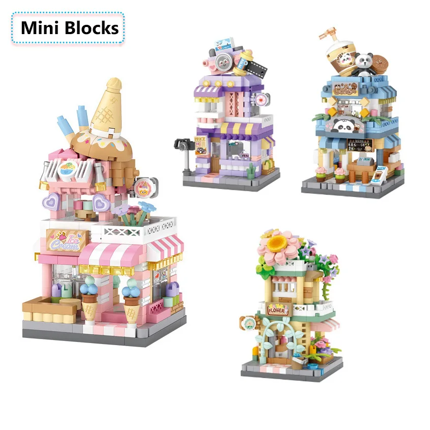 

Street View Mini Building Blocks Toys Cafe/Ice Cream Shop/Photo Studio/Flower Shop DIY Educational Toys Model Bricks Kids Gifts