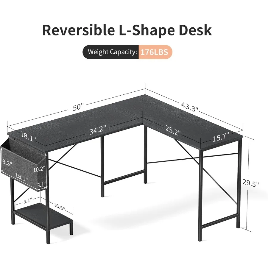 L Shaped Desk Gaming Computer 50 Inch Reversible Corner Table PC Work Table for Writing Study Student with Wood Tabletop Metal