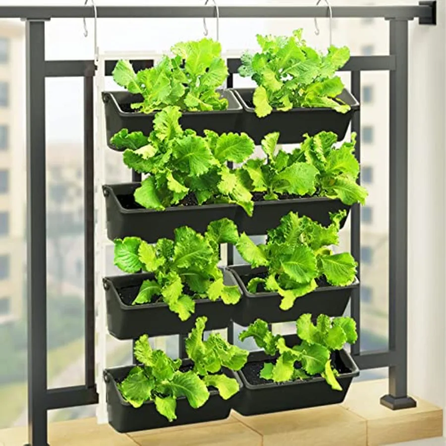 Vertical Garden Wall Hanging Planter For Indoor And Outdoor Use, Made Of Durable Green Plastic, Holds 8 Containers, Supports Up
