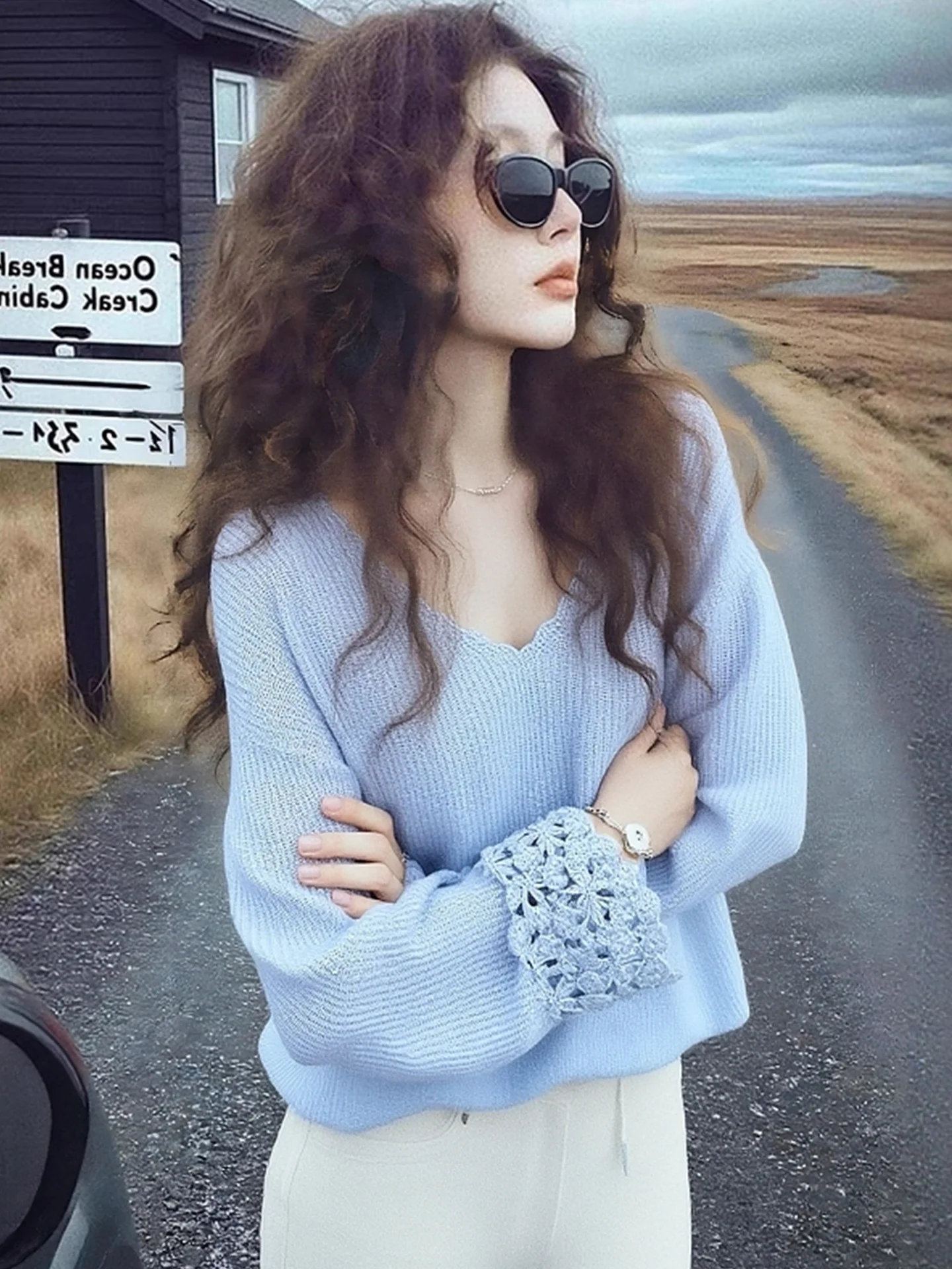 2025 Winter Commute V-Ne Long Sve Knitted Sweater Hollow out Camere Women's Loose Fit Pure Color Faion Korean Sle