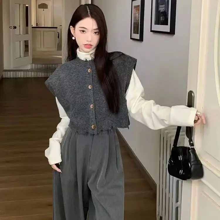 

Single Piece/Three-Piece Set Knitted Sleeveless Cardigan Bottoming High-Waisted Wide-Leg Pant Women Autumn Winter New Loose Suit