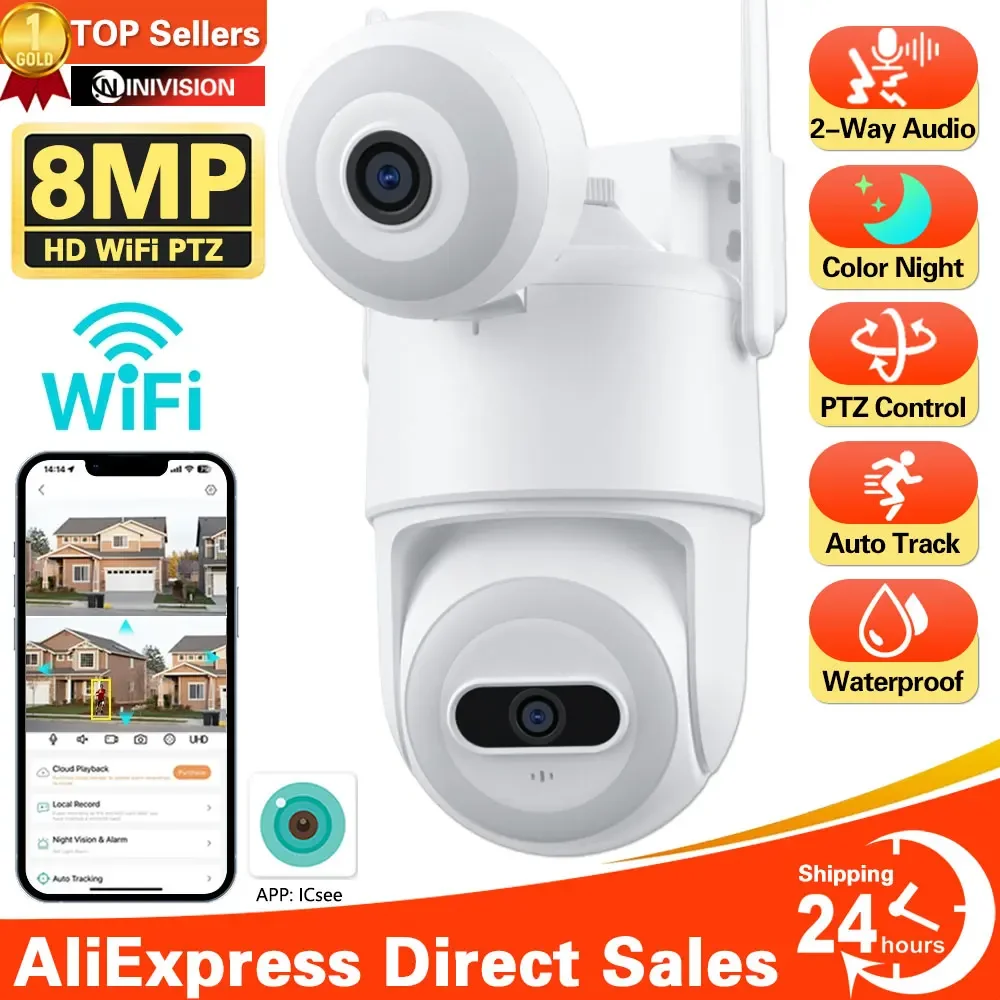 

8MP 4K WiFi PTZ Camera Dual Lens Dual Screen H.265 Wireless Outdoor IP Camera 6MP HD AI Human Detection Video Surveillance iCSee