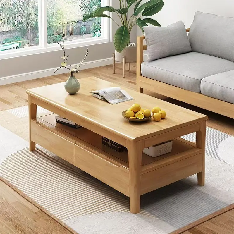Nordic solid wood coffee table small apartment simple modern living room economical household double tea table with drawers
