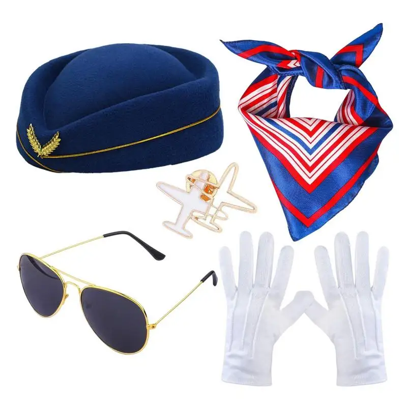 Flight Attendant Uniform Accessories Stewardess Costume Women Airplane Brooch Gloves Sunglasses Beret Blue Red White Striped